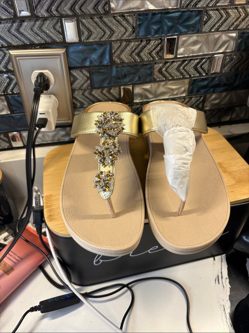 Fitflop Gold Jeweled T-Strap Sandals with Neutral Footbed